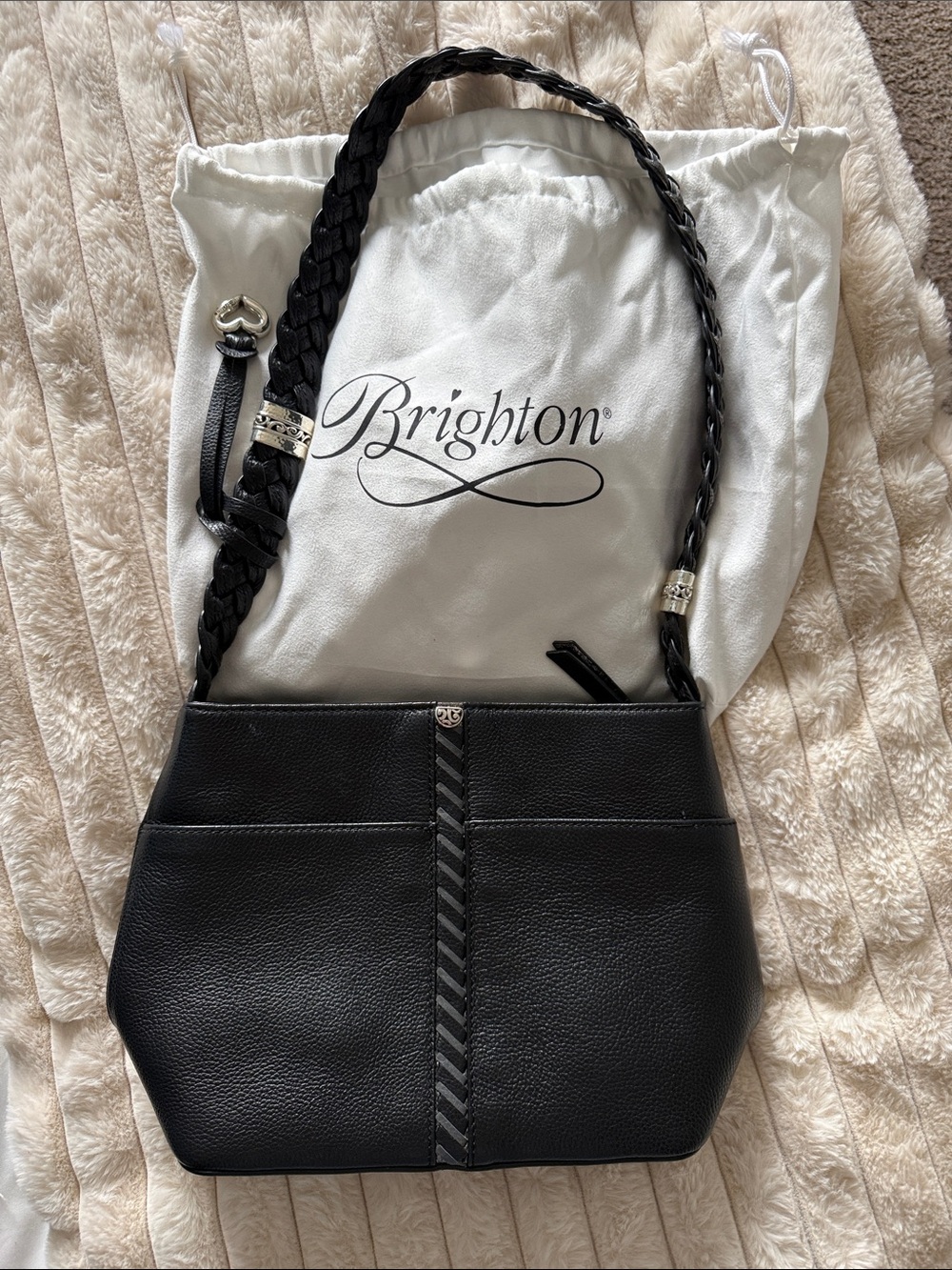Brighton Black Leather Shoulder Bag with Braided Strap